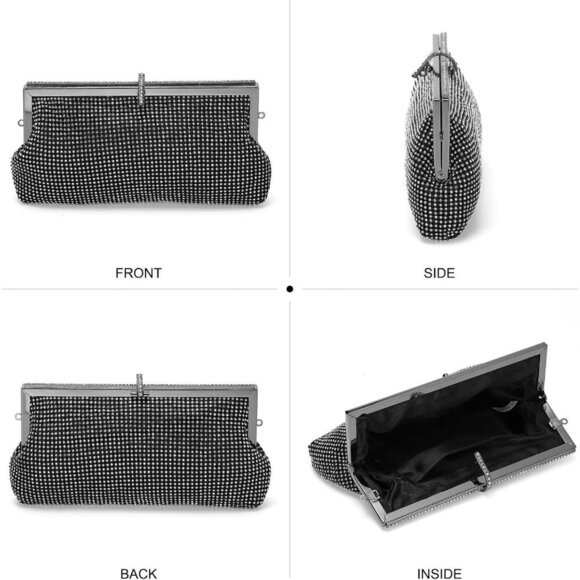 🆕Women Black Polyester Crystal Rhinestone Evening Clutch Purse Crossbody Bag - Picture 7 of 7
